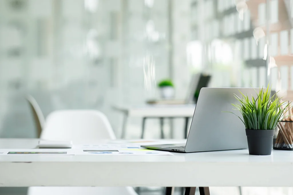 Schlichter Arbeitsplatz mit Laptop und grüner Büropflanze – inspirierende Desk-Sharing-Lösung mit Fokus auf Natürlichkeit und Minimalismus.